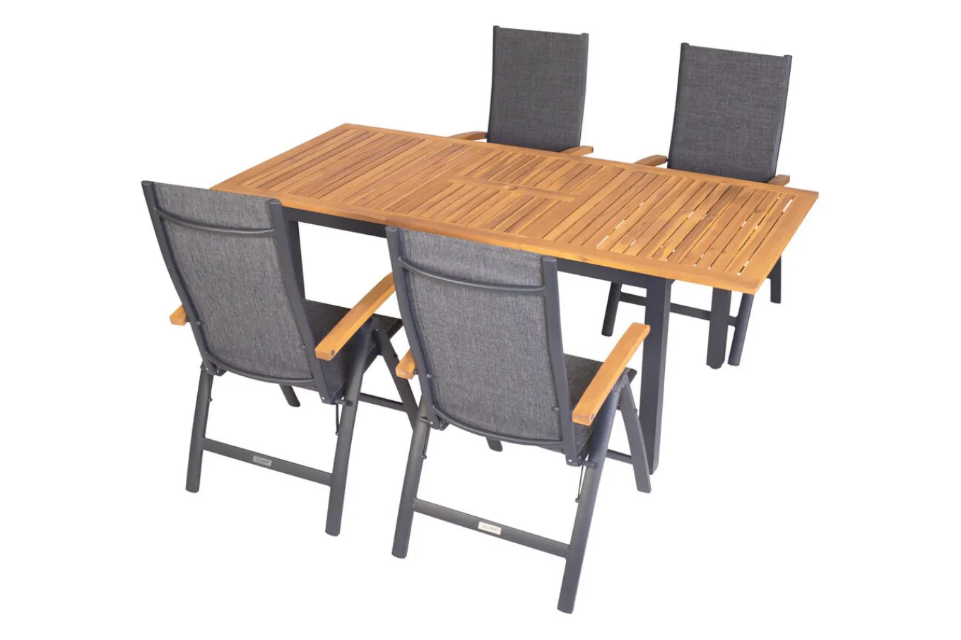 Garten-Essgruppe, schwarz/grau, Aluminium/Eukalyptus, Tisch 150/200 x 90 cm, 4 Klappstühle, robust, ausziehbar, witterungsbeständig, FSC®-zertifiziertes Produkt Garten-Essgruppen|Aluminium-Gartenmöbel