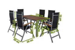 Hot Garten-Essgruppe, silber/schwarz, Alu / Akazie, Gartentisch 150 x 90 cm, 6 Klappstühle, FSC®-zertifiziertes Produkt Garten-Essgruppen