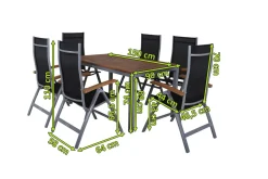 Hot Garten-Essgruppe, silber/schwarz, Alu / Akazie, Gartentisch 150 x 90 cm, 6 Klappstühle, FSC®-zertifiziertes Produkt Garten-Essgruppen
