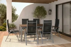 Hot Garten-Essgruppe, silber/schwarz, Alu / Akazie, Gartentisch 150 x 90 cm, 6 Klappstühle, FSC®-zertifiziertes Produkt Garten-Essgruppen