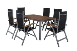Hot Garten-Essgruppe, silber/schwarz, Alu / Akazie, Gartentisch 150 x 90 cm, 6 Klappstühle, FSC®-zertifiziertes Produkt Garten-Essgruppen
