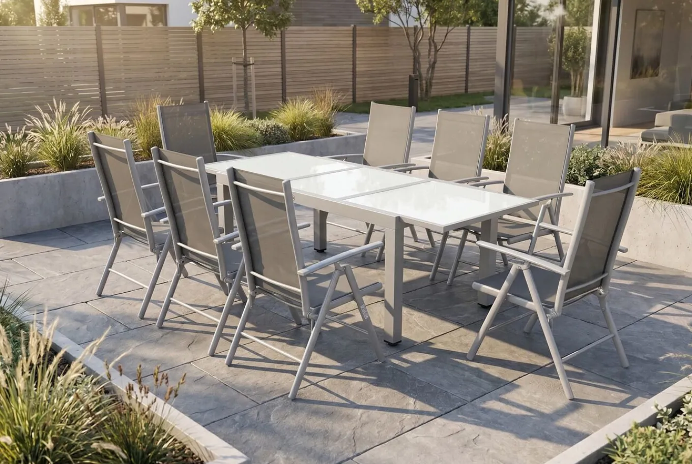 Garten-Essgruppe, silber/schwarz, Alu/Textil, Tisch 160/220 cm, 8 Klappstühle Garten-Essgruppen