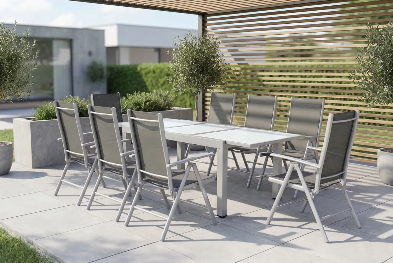 Garten-Essgruppe, silber/schwarz, Alu/Textil, Tisch 160/220 cm, 8 Klappstühle Garten-Essgruppen