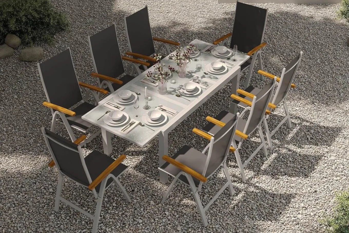 Discount Garten-Essgruppe, silber/anthrazit, Alu/ Eukalyptus, Ausziehtisch 160/220 x 90 cm, inkl 8 Klappstühle, FSC®-zertifiziertes Produkt Garten-Essgruppen
