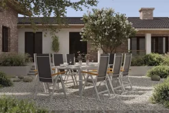 Discount Garten-Essgruppe, silber/anthrazit, Alu/ Eukalyptus, Ausziehtisch 160/220 x 90 cm, inkl 8 Klappstühle, FSC®-zertifiziertes Produkt Garten-Essgruppen