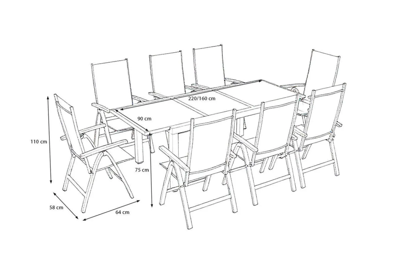 Discount Garten-Essgruppe, silber/anthrazit, Alu/ Eukalyptus, Ausziehtisch 160/220 x 90 cm, inkl 8 Klappstühle, FSC®-zertifiziertes Produkt Garten-Essgruppen