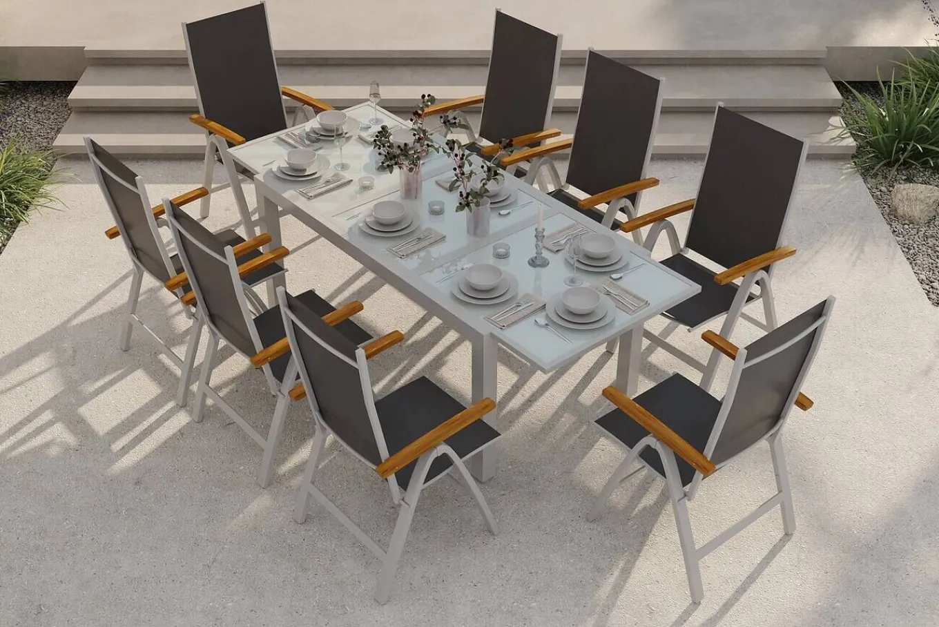 Discount Garten-Essgruppe, silber/anthrazit, Alu/ Eukalyptus, Ausziehtisch 160/220 x 90 cm, inkl 8 Klappstühle, FSC®-zertifiziertes Produkt Garten-Essgruppen