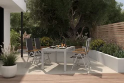 Hot Garten-Essgruppe, silber/anthrazit, Alu/Eukalyptus, Ausziehtisch 160/220 x 90 cm, inkl. 4 Klappstühle, FSC®-zertifiziertes Produkt Garten-Essgruppen