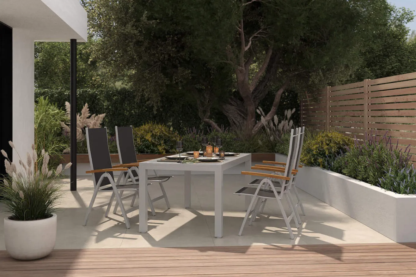 Hot Garten-Essgruppe, silber/anthrazit, Alu/Eukalyptus, Ausziehtisch 160/220 x 90 cm, inkl. 4 Klappstühle, FSC®-zertifiziertes Produkt Garten-Essgruppen