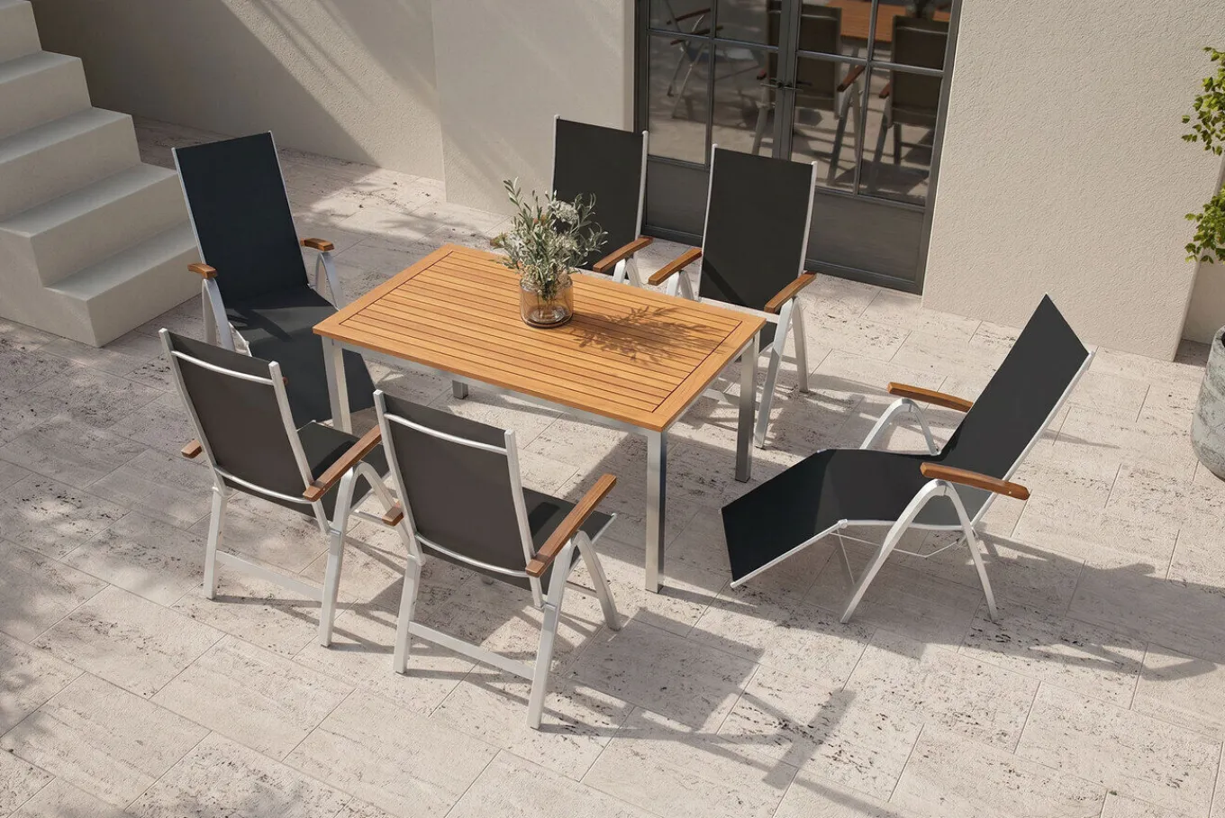Online Garten-Essgruppe, silber/natural, Alu/Eukalyptus, Tisch 150 x 90 cm, für 6 Personen, witterungsbeständig, FSC®-zertifiziertes Produkt Garten-Essgruppen|Aluminium-Gartenmöbel