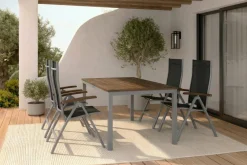 Discount Garten-Essgruppe, silber/schwarz, Alu / Akazie, Gartentisch 150 x 90 cm, 4 Klappstühle, FSC®-zertifiziertes Produkt Garten-Essgruppen