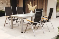 New Garten-Essgruppe, weiß/silber, Aluminium/Sicherheitsglas, Ausziehtisch 160/220 x 90 cm, 4 Klappstühle, FSC®-zertifiziertes Produkt Garten-Essgruppen|Aluminium-Gartenmöbel
