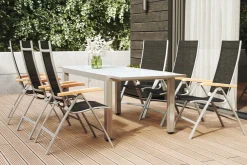 Discount Garten-Essgruppe, weiß/silber, Aluminium/Sicherheitsglas, Ausziehtisch 160/220 x 90 cm, 6 Klappstühle, FSC®-zertifiziertes Produkt Garten-Essgruppen|Aluminium-Gartenmöbel