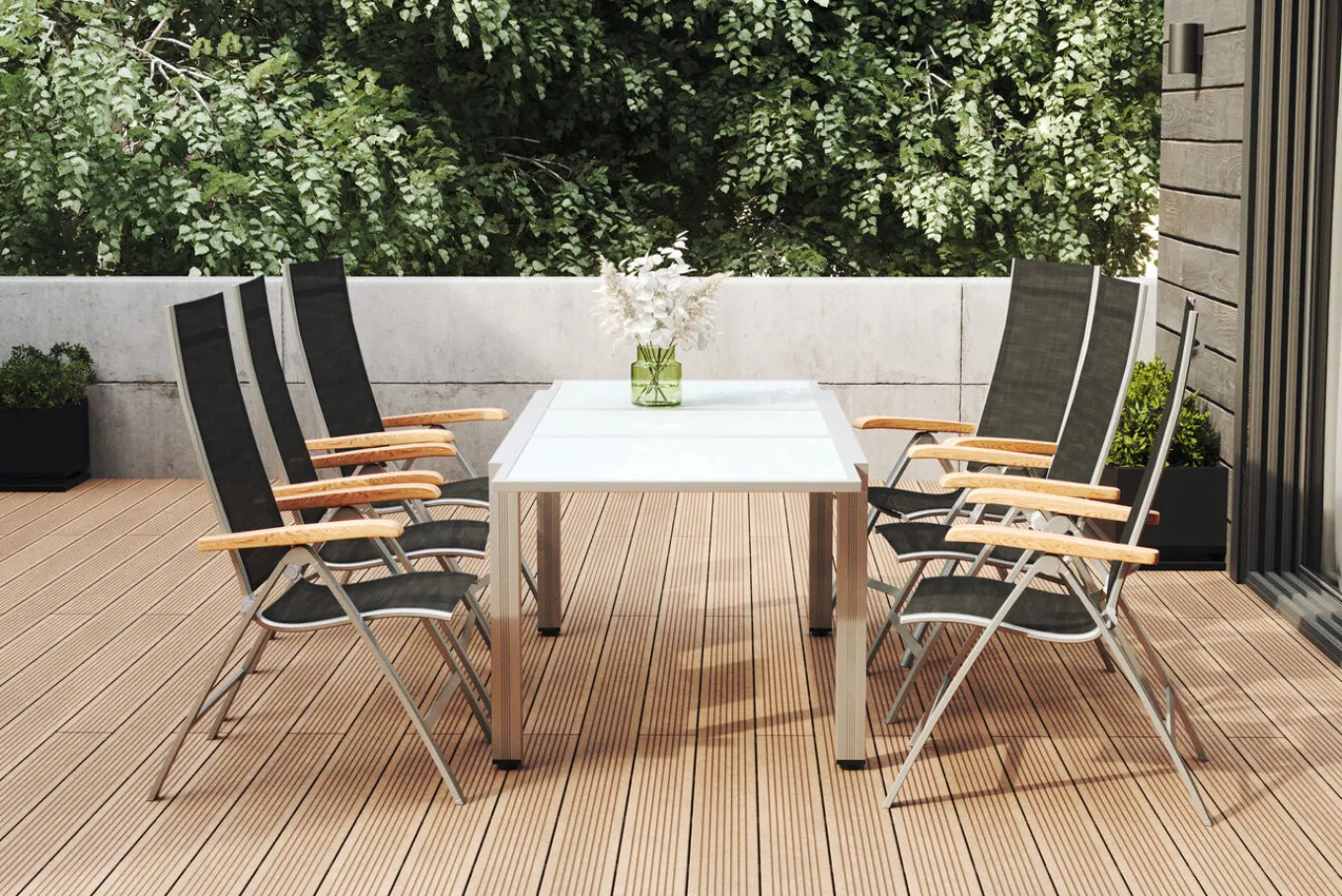 Discount Garten-Essgruppe, weiß/silber, Aluminium/Sicherheitsglas, Ausziehtisch 160/220 x 90 cm, 6 Klappstühle, FSC®-zertifiziertes Produkt Garten-Essgruppen|Aluminium-Gartenmöbel