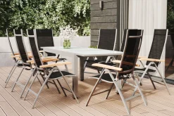 Hot Garten-Essgruppe, weiß/silber, Aluminium/Sicherheitsglas, Ausziehtisch 160/220 x 90 cm, 8 Klappstühle, FSC®-zertifiziertes Produkt Garten-Essgruppen|Aluminium-Gartenmöbel