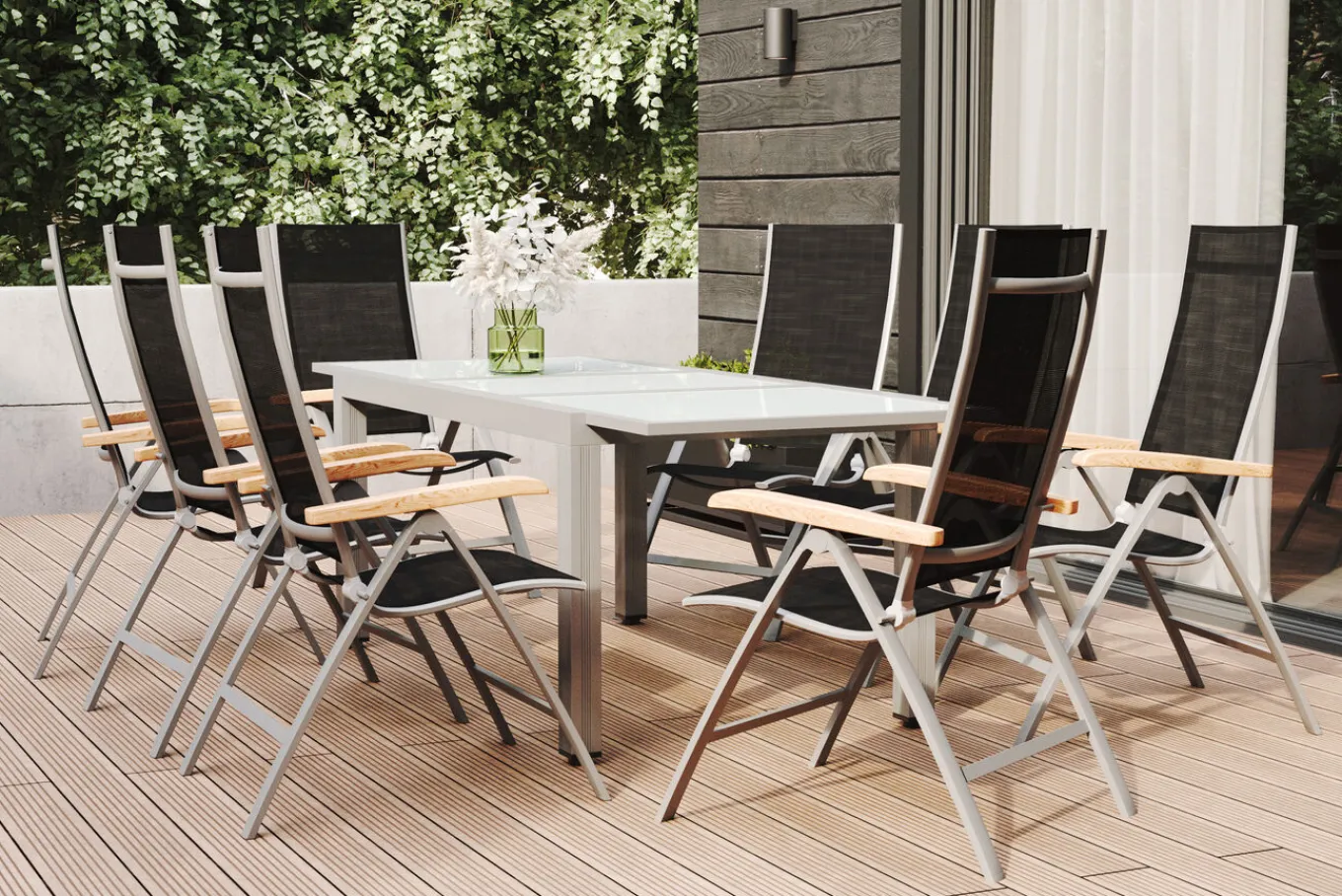 Hot Garten-Essgruppe, weiß/silber, Aluminium/Sicherheitsglas, Ausziehtisch 160/220 x 90 cm, 8 Klappstühle, FSC®-zertifiziertes Produkt Garten-Essgruppen|Aluminium-Gartenmöbel