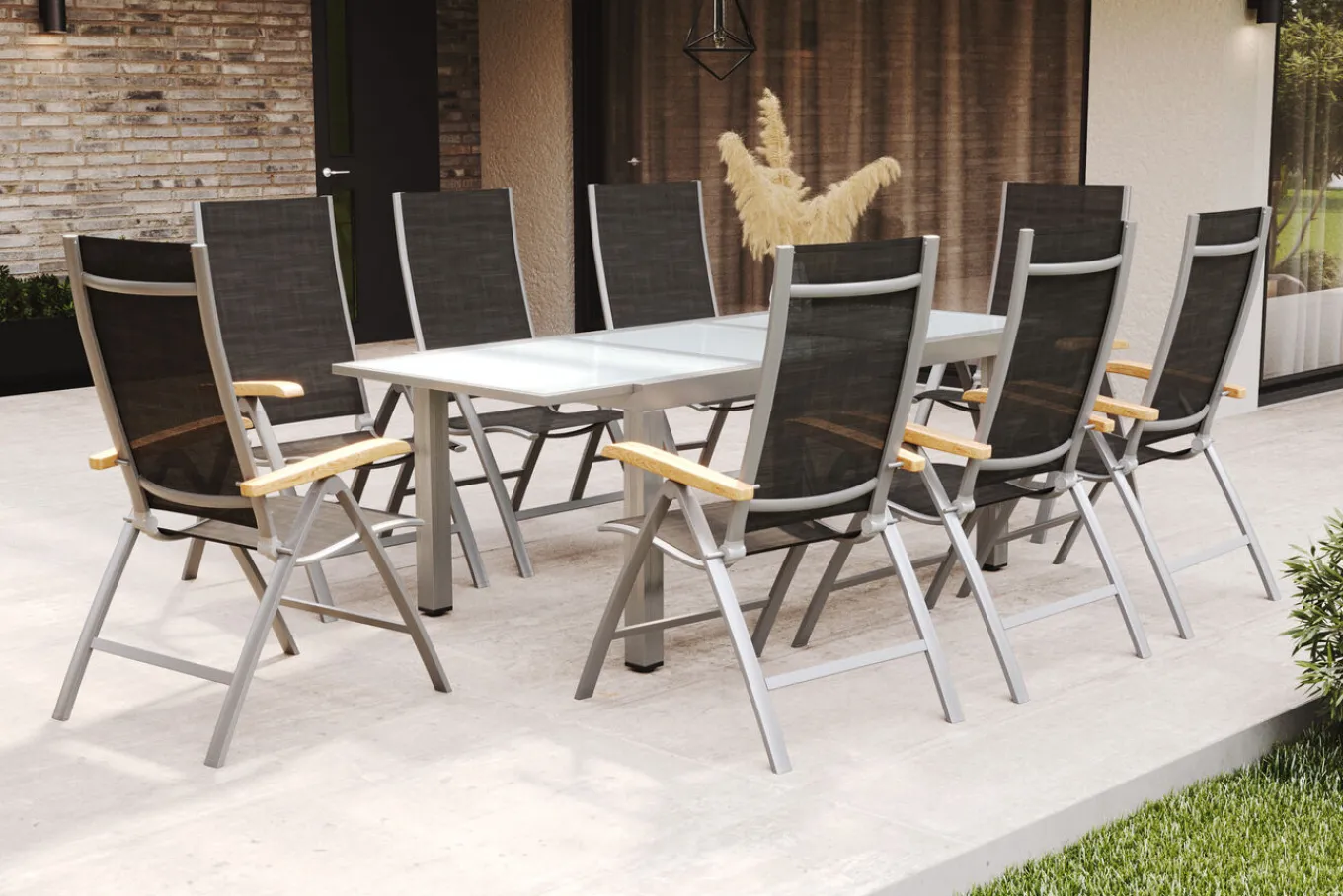 Hot Garten-Essgruppe, weiß/silber, Aluminium/Sicherheitsglas, Ausziehtisch 160/220 x 90 cm, 8 Klappstühle, FSC®-zertifiziertes Produkt Garten-Essgruppen|Aluminium-Gartenmöbel