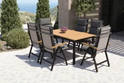 Online Lagos Garten-Essgruppe, 6 Personen inkl. Sitzkissen, ausziehbarer Tisch 150–200 cm, Aluminium/Eukalyptusholz FSC®-zertifiziert Garten-Essgruppen
