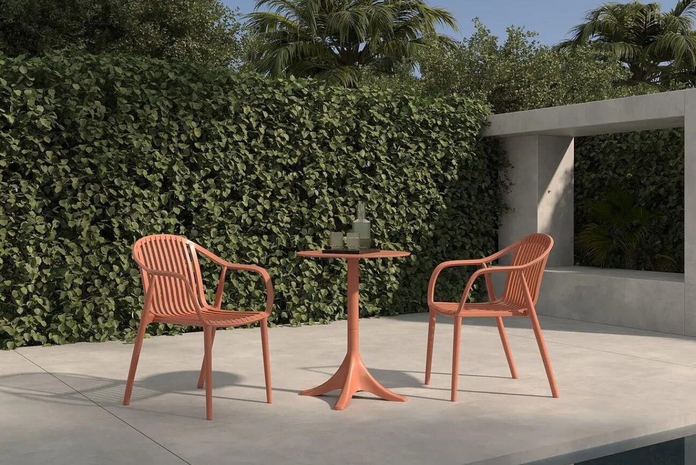New Pico Curve Balkon-Set, ziegelrot, Kunststoff, Tisch Ø 70 cm und 2 Stapelsessel, UV- und wetterfest Balkonmöbel-Set
