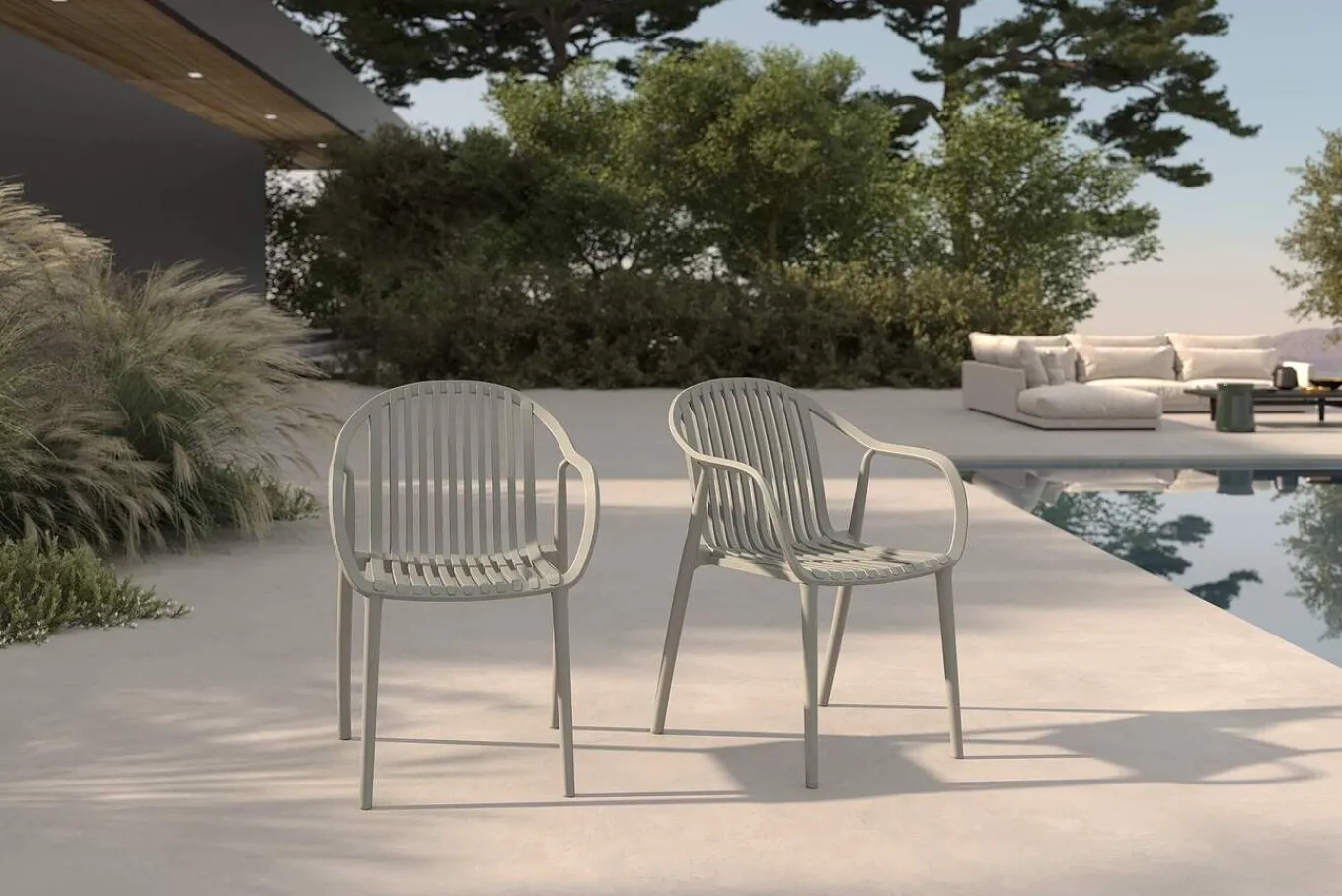 Hot Pico Curve Balkon-Set, grau, Kunststoff, Tisch Ø 70 cm und 2 Stapelsessel, UV- und wetterfest Balkonmöbel-Set