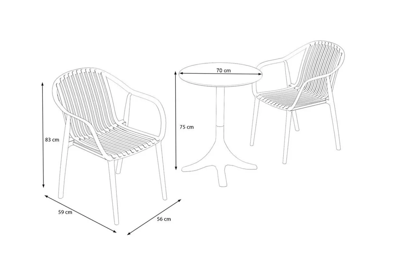 Hot Pico Curve Balkon-Set, grau, Kunststoff, Tisch Ø 70 cm und 2 Stapelsessel, UV- und wetterfest Balkonmöbel-Set