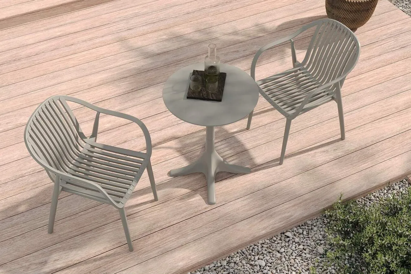 Hot Pico Curve Balkon-Set, grau, Kunststoff, Tisch Ø 70 cm und 2 Stapelsessel, UV- und wetterfest Balkonmöbel-Set