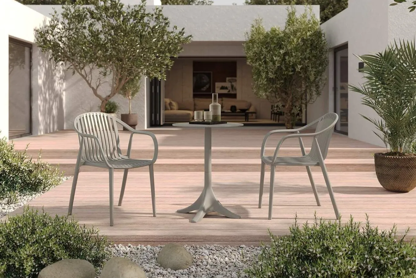 Hot Pico Curve Balkon-Set, grau, Kunststoff, Tisch Ø 70 cm und 2 Stapelsessel, UV- und wetterfest Balkonmöbel-Set