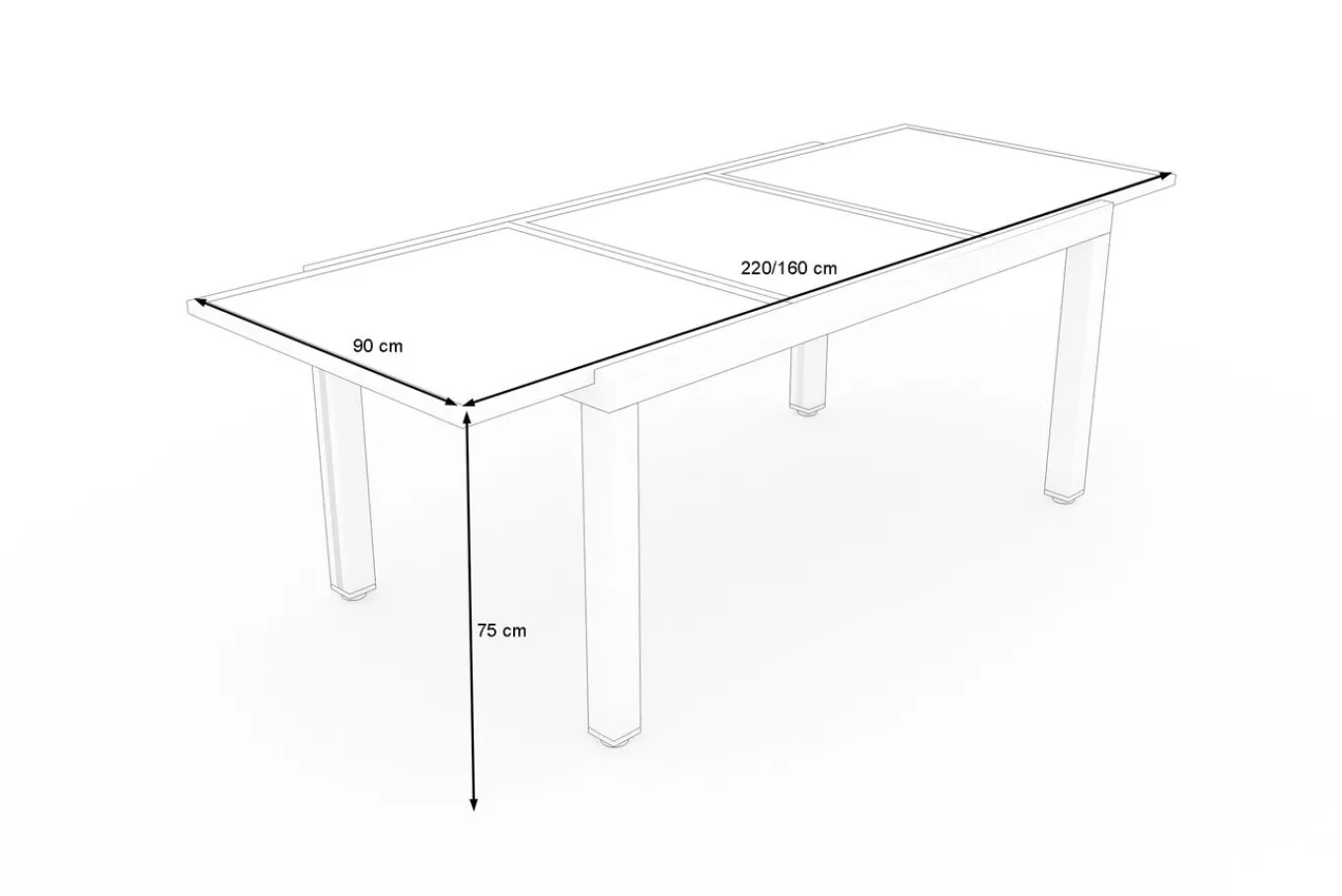 Online Sylvania Ausziehtisch, anthrazit/weiß, Aluminium/Sicherheitsglas, 160/220 x 90 cm, Pulverbeschichtet, UV-Beständig, Mit Fußkappen Gartentische