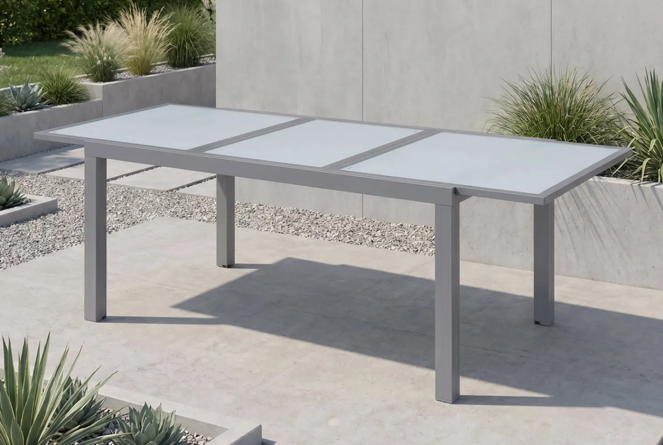 Sale Sylvania Ausziehtisch, silber/weiß, Alu/Sicherheitsglas, 160/220x90 cm, Flügelmechanismus Gartentische