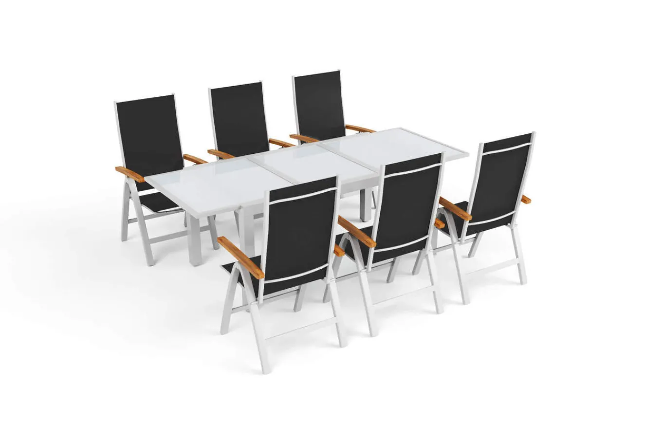 Best Sylvania Garten-Essgruppe mit 6 Klappstühlen, silber/anthrazit, Aluminium/Glas, inkl. Eukalyptus-Armlehnen, ausziehbarer Tisch 160/220 x 90 cm, FSC®-zertifiziertes Produkt Garten-Essgruppen