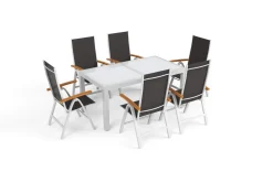 Best Sylvania Garten-Essgruppe mit 6 Klappstühlen, silber/anthrazit, Aluminium/Glas, inkl. Eukalyptus-Armlehnen, ausziehbarer Tisch 160/220 x 90 cm, FSC®-zertifiziertes Produkt Garten-Essgruppen
