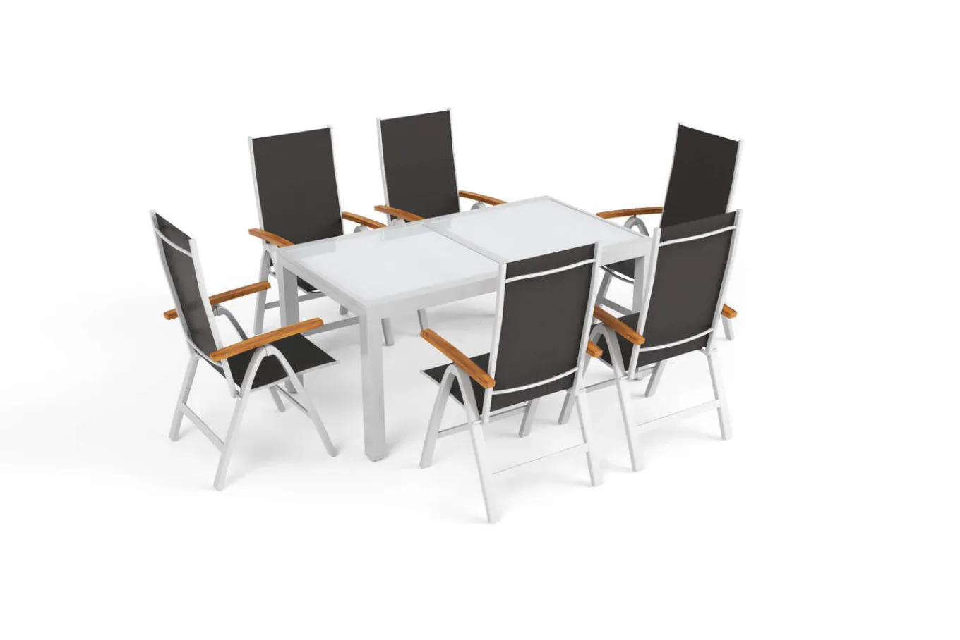 Best Sylvania Garten-Essgruppe mit 6 Klappstühlen, silber/anthrazit, Aluminium/Glas, inkl. Eukalyptus-Armlehnen, ausziehbarer Tisch 160/220 x 90 cm, FSC®-zertifiziertes Produkt Garten-Essgruppen