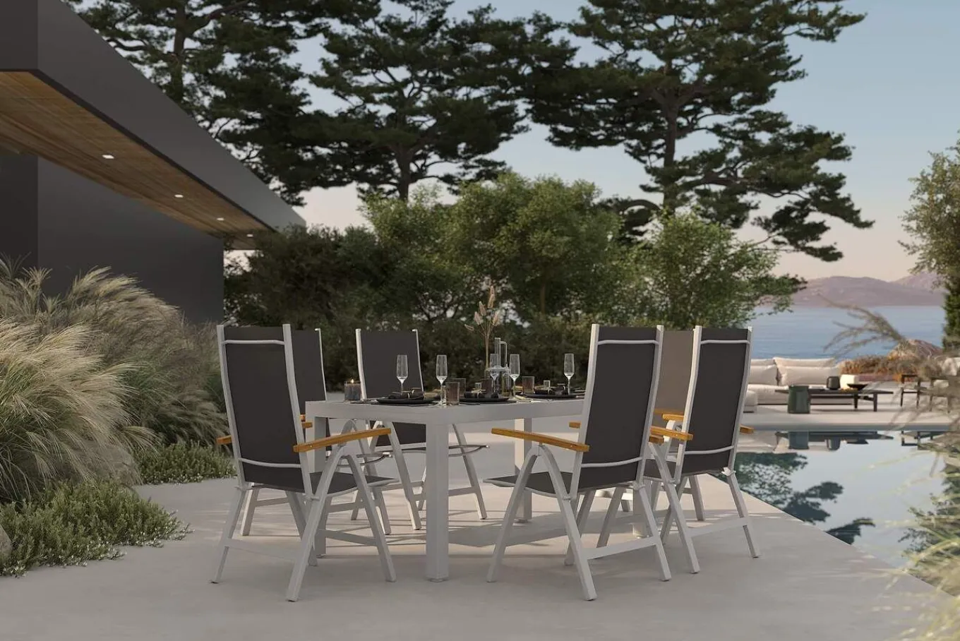 Best Sylvania Garten-Essgruppe mit 6 Klappstühlen, silber/anthrazit, Aluminium/Glas, inkl. Eukalyptus-Armlehnen, ausziehbarer Tisch 160/220 x 90 cm, FSC®-zertifiziertes Produkt Garten-Essgruppen