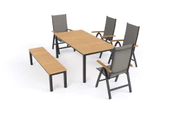 Best Tasmania Garten-Essgruppe mit Bank und 4 Klappstühlen, anthrazit/natur, Aluminium/Eukalyptus, Tischplatte 180 x 90 cm, FSC®-zertifiziertes Produkt Garten-Essgruppen|Aluminium-Gartenmöbel