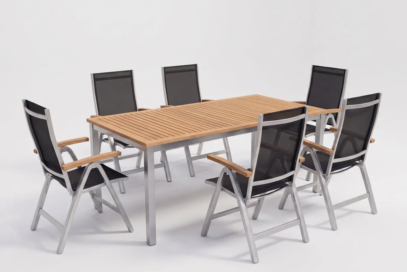 Sale Tasmania Garten-Essgruppe mit 6 Klappstühlen, silber, Alu / Eukalyptus / Textilene, Tisch 180 x 90 cm, FSC®-zertifiziertes Produkt Garten-Essgruppen|Aluminium-Gartenmöbel