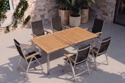 Sale Tasmania Garten-Essgruppe mit 6 Klappstühlen, silber, Alu / Eukalyptus / Textilene, Tisch 180 x 90 cm, FSC®-zertifiziertes Produkt Garten-Essgruppen|Aluminium-Gartenmöbel
