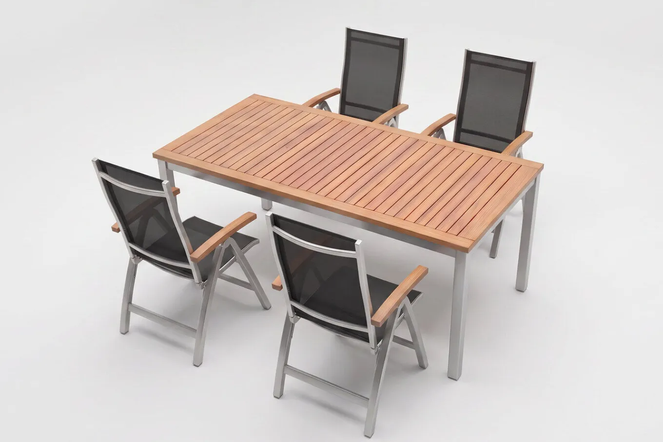 Online Tasmania Garten-Essgruppe, silber, Alu / Eukalyptus / Textilene, Tisch 180 x 90 cm, 4 Klappstühle, FSC®-zertifiziertes Produkt Garten-Essgruppen|Aluminium-Gartenmöbel