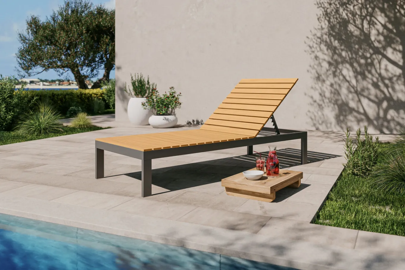 Clearance Tasmania Gartenliege, dunkelgrau, Alu/Eukalyptus, wasserabweisend, verstellbare Rückenlehne, FSC®-zertifiziertes Produkt Gartenliegen|Aluminium-Gartenmöbel