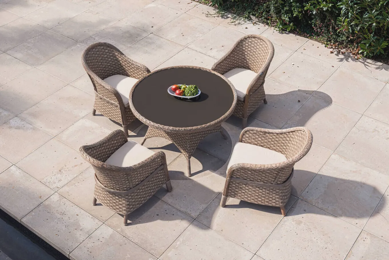 Online Valento Garten-Essgruppe, natur/schwarz, Alu/Polyrattan, Tischplatte rund Ø120 cm, inkl. 4 Sessel Garten-Essgruppen