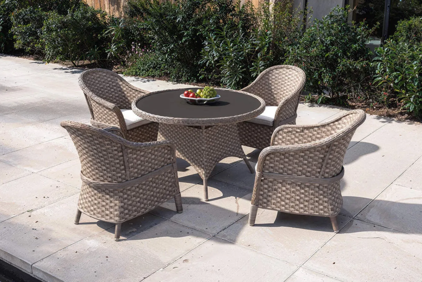 Online Valento Garten-Essgruppe, natur/schwarz, Alu/Polyrattan, Tischplatte rund Ø120 cm, inkl. 4 Sessel Garten-Essgruppen