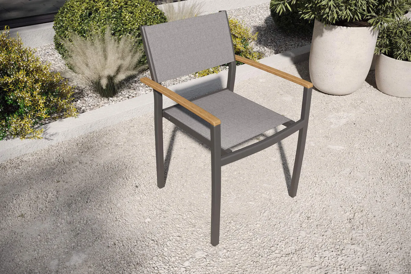 New Victoria Stapelsessel, anthrazit/grau, Alu/Textilene/Akazie, Hohe Belastbarkeit, zertifiziertes Material, FSC®-zertifiziertes Produkt Gartenstühle & Gartensessel